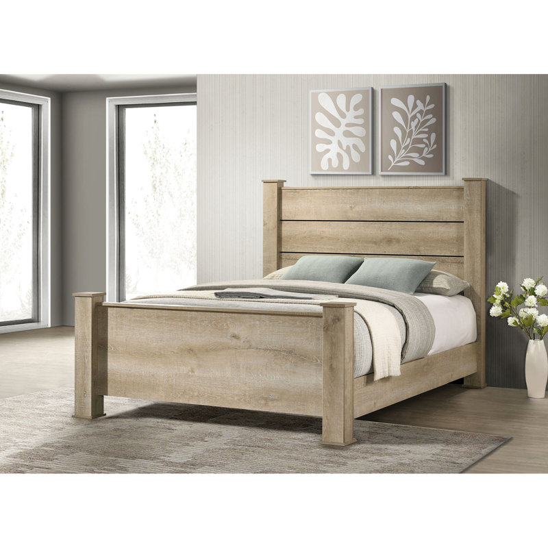 Structure de lit grand avec ton chêne vieilli, conception à panneaux, lit à panneaux durable et durable, placage à gratter, ajout de chambre à coucher classique