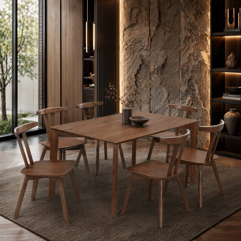 Sierra Rectangular Solid Wood Dining Table Set for 6, Compact Space Design, 6, Walnut