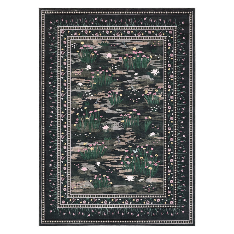 Washable Rug for Living Room, Soft Non Slip Floral Bedroom Rugs, Water Lily Pond Cute Nursery Rug, Large Low Pile Stain Resistant Farmhouse Rugs