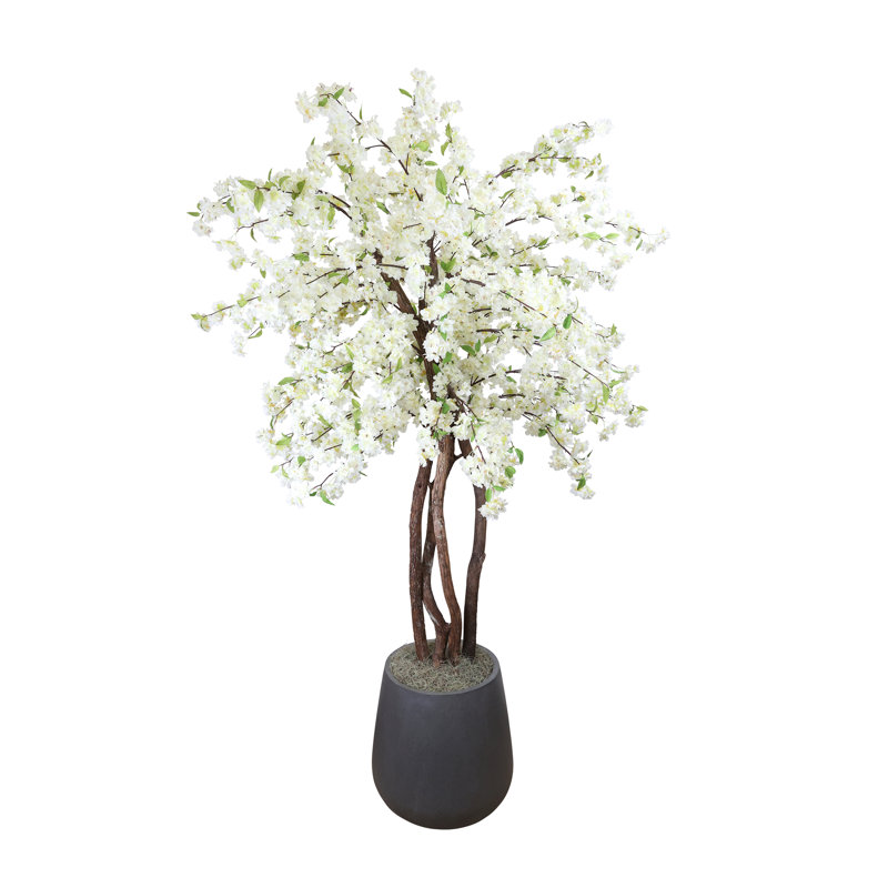 Faux Cherry Blossom Tree Plant in Fiberstone Planter