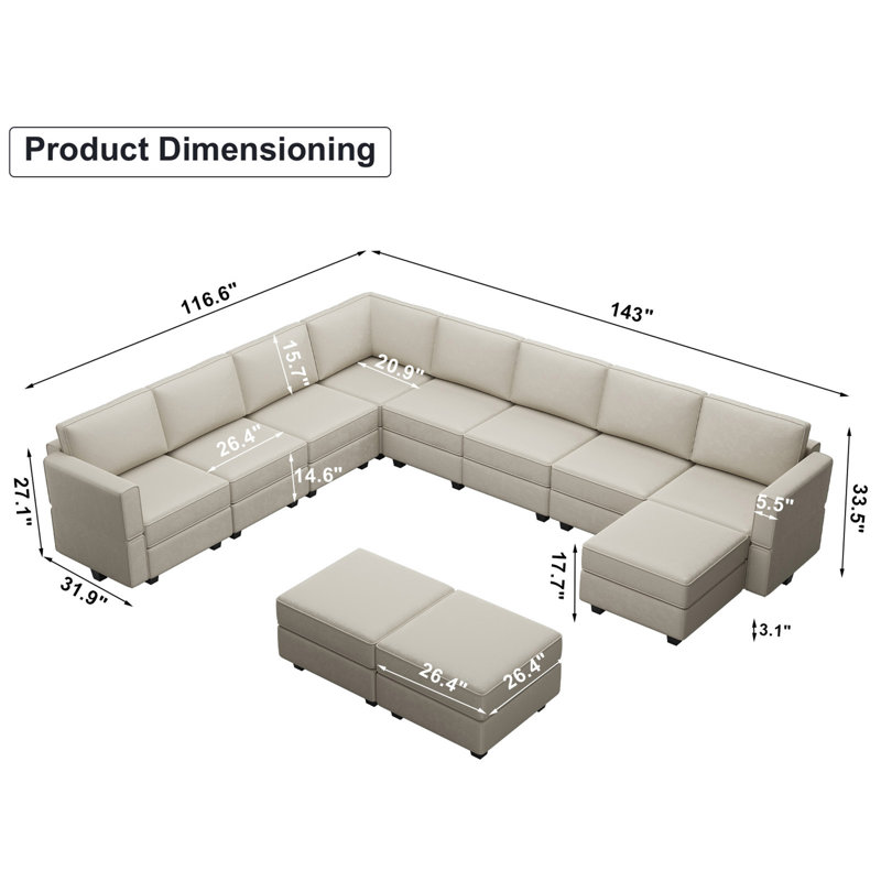 Wylodene 143" W Velvet Modular Sectional Sofa, Gray Velvet
