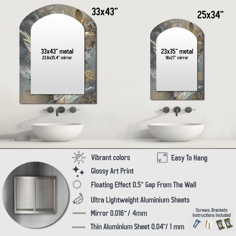 Gold Feather Extravaganza V - Glam Feather Asymmetrical Large Wall Mirror, Modern Arch Unique Mirror, Printed Metal Art