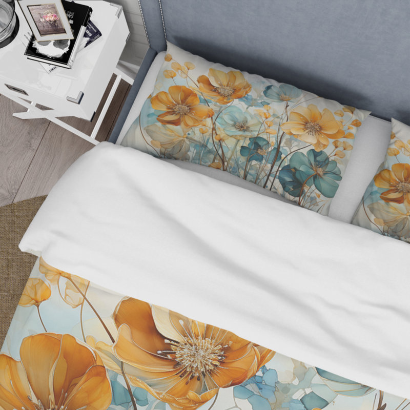 Teal Orange Botanical Fragments I - Abstract Botanicals Duvet Cover Set - Microfiber Polyester