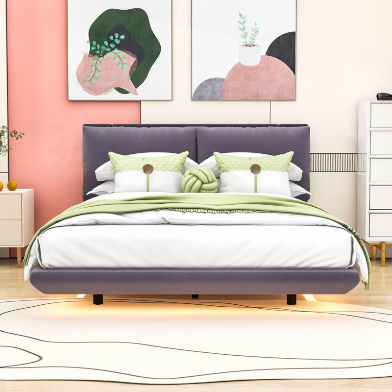 Queen Upholstered Platform Bed with Sensor Light and Floating Design, Gray