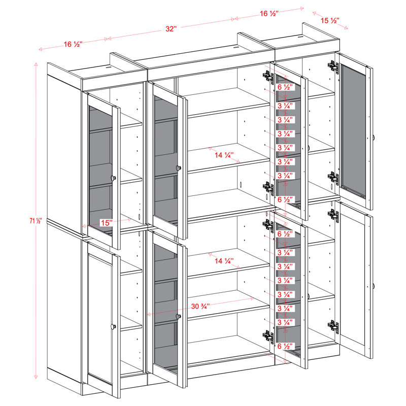 Vaisselier 100% bois massif 65 po avec verre transparent, portes Shaker et tablettes réglables, Jaune