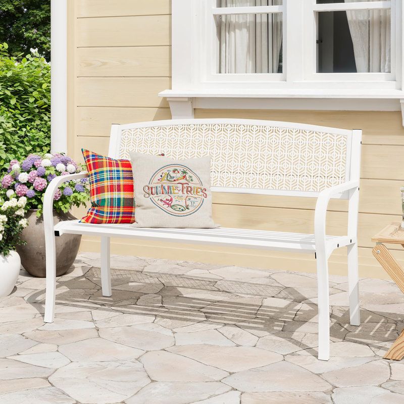 Heavy Duty 50 Inch Garden Bench, Ergonomic Metal Outdoor Bench for Outside Seating, Modern Patio Furniture with Geometric Pattern, Weatherproof Seating for Yard, Deck and Porch