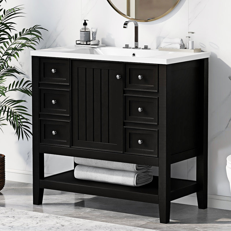 Rigden 36''Bathroom Vanity with Ceramic Top, One Cabinet and Three Drawers, Black