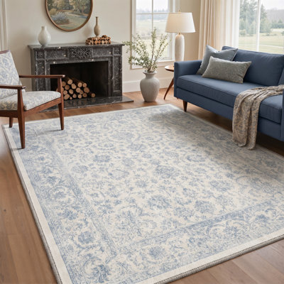 Machine Washable Oriental Ivory / Blue Area Rug With Non-Slip Backing
