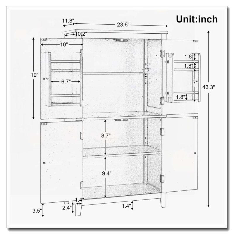 Freestanding Bathroom Storage Cabinet with 4 Doors, Adjustable Shelves, Black