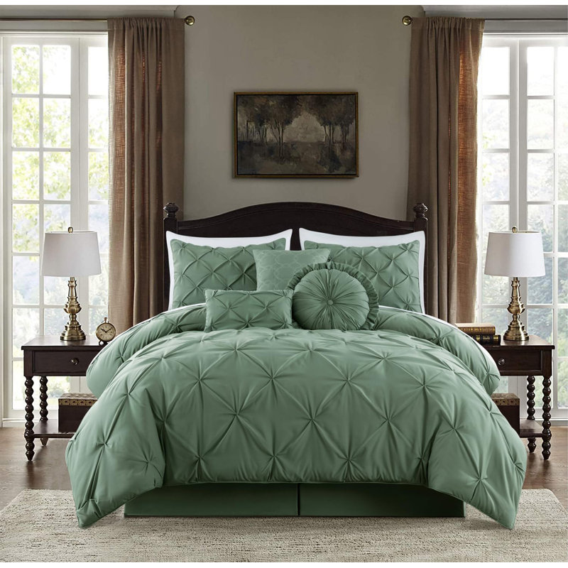 Ensemble d'édredon en microfibre 7 pièces Sydney Pintuck, Édredon de très grande taille et 6 pièces suppl, Vert sauge