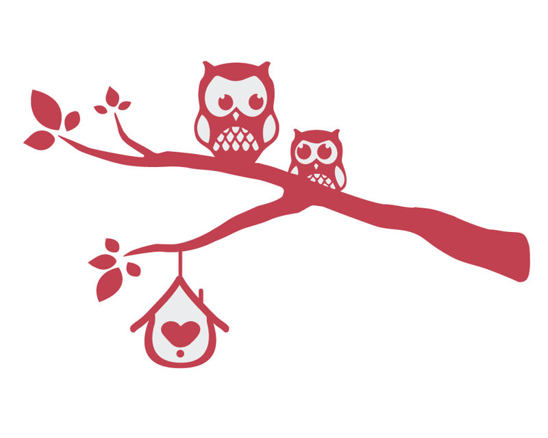 Décalcomanie murale owls sur une branche, Rouge Dahlia, H 24 po x l 40 po x P 0,01 po