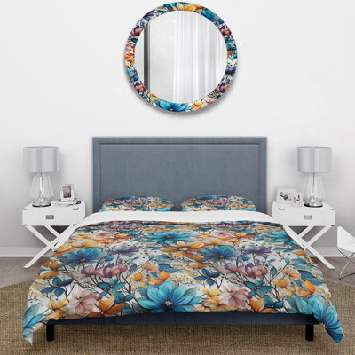 Watercolor Whimsy Blue Elegant Floral Grace Polyester Box Stitch Floral Duvet Cover Set