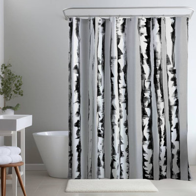 Gray Bedroom Trees – Birches Black and White – Polyester Shower Curtain, Dye Sublimation Print, 71" W × 74" L