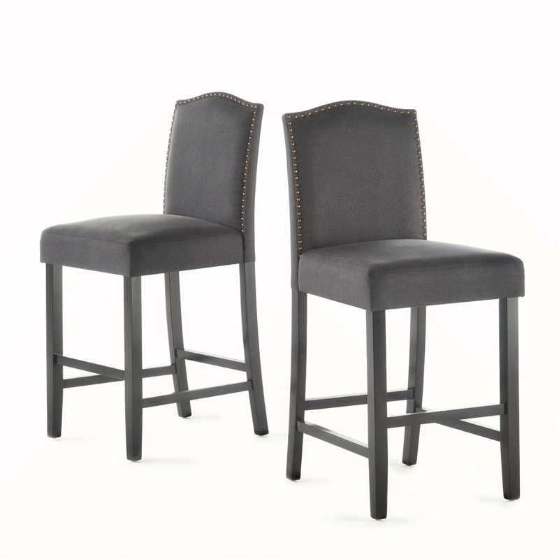 Set Of 2, Upholstered Counter Height Barstools With Nailhead Trim, Dark Charcoal And Walnut, Fabric