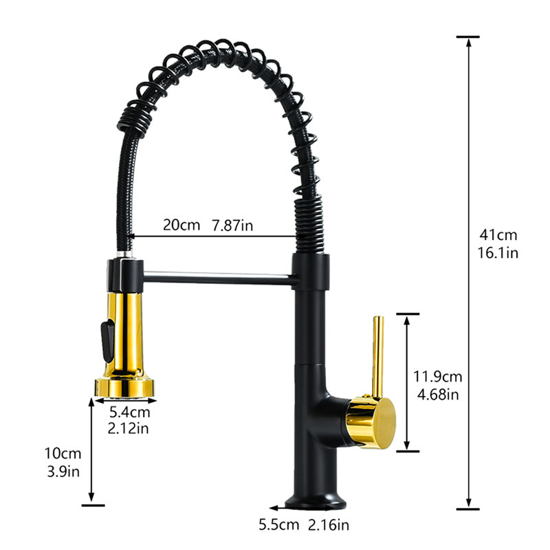 Robinet de cuisine noir et doré à la mode avec poignée rétractable, poignée simple, structure en acier inoxydable, options multifonctionnelles d'utilisation de l'eau présenté avec levier vers le bas chic, matériau, ajustement facile du débit