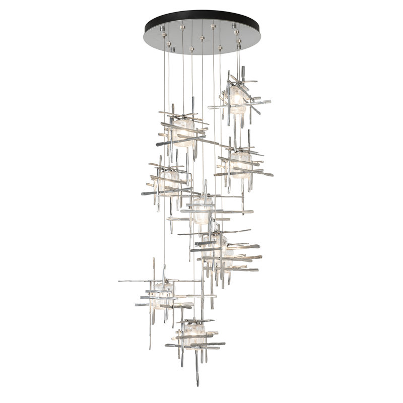Tura 9-Light Glass Round Pendant, Sterling, 30" - 130", Seeded Clear