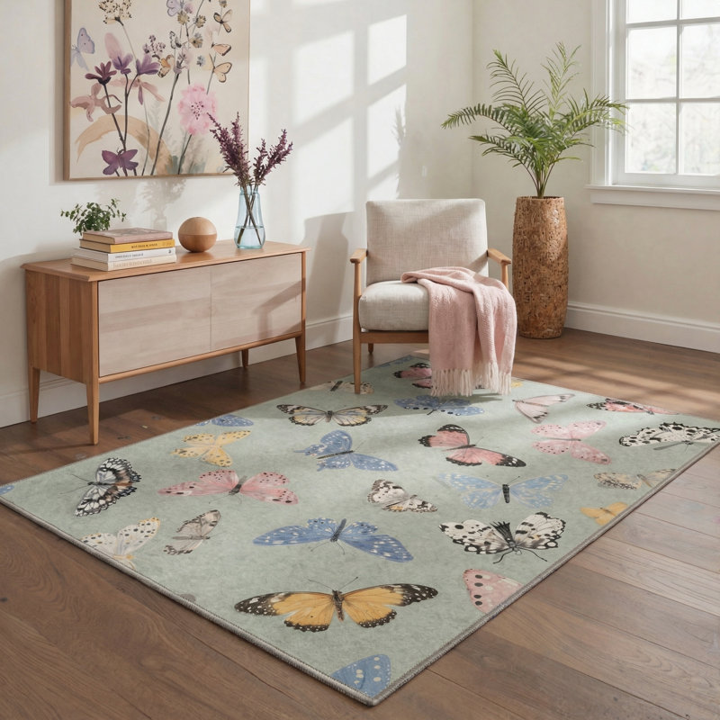 Adonis Aura Floral Butterfly Machine Washable Green / Blue / Pink / Yellow Indoor Area Rug with Non-Slip Backing