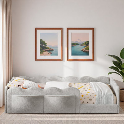 Upholstered Floor Kids Bed with Wave-shaped Guardrails and Side Storage Pockets