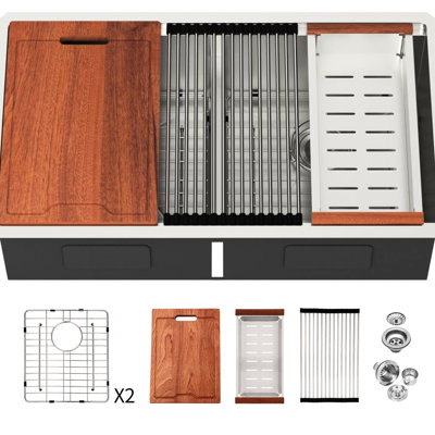 Évier de cuisine encastré à double cuve 50/50 de 36 po x 19 po en nickel brossé 50/50, acier inoxydable T304 de calibre 16, avec grille de condensation et de réduction du bruit facile à nettoyer