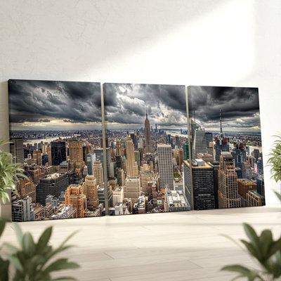 3 Pieces New York City Skyline Large Wall Art with Dramatic Clouds and Iconic, Three Pieces Wall Art for Living Room, Bedroom, Office, and Home Decor