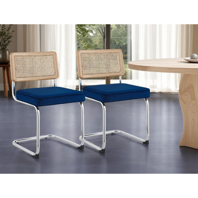 Ensemble de deux chaises d'appoint de salle à manger rembourrées en velours bleu marine et argent