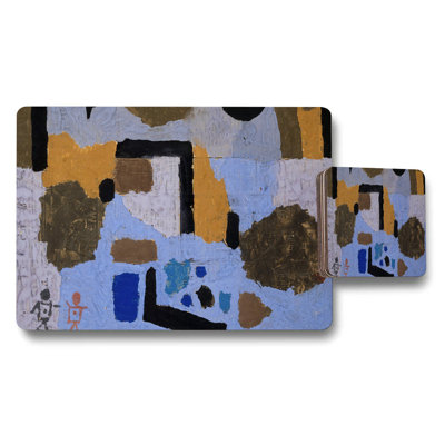Fruit Themed Placemat and Coaster Set With Newspaper Print Pattern
