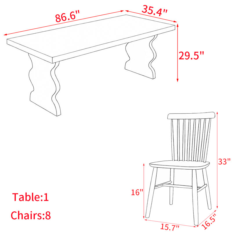 Ensemble de table à manger moderne et simple en bois massif., H 29,5 po x L 86,6 po x l 35,4 po