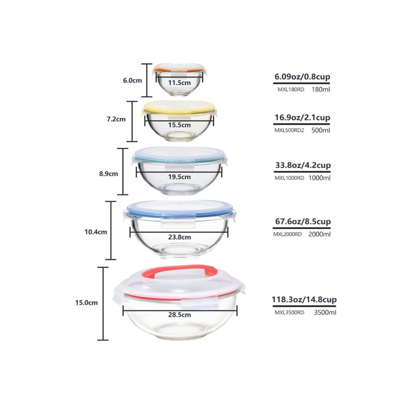 Genicook Borosilicate Glass 5 Container Food Storage Set