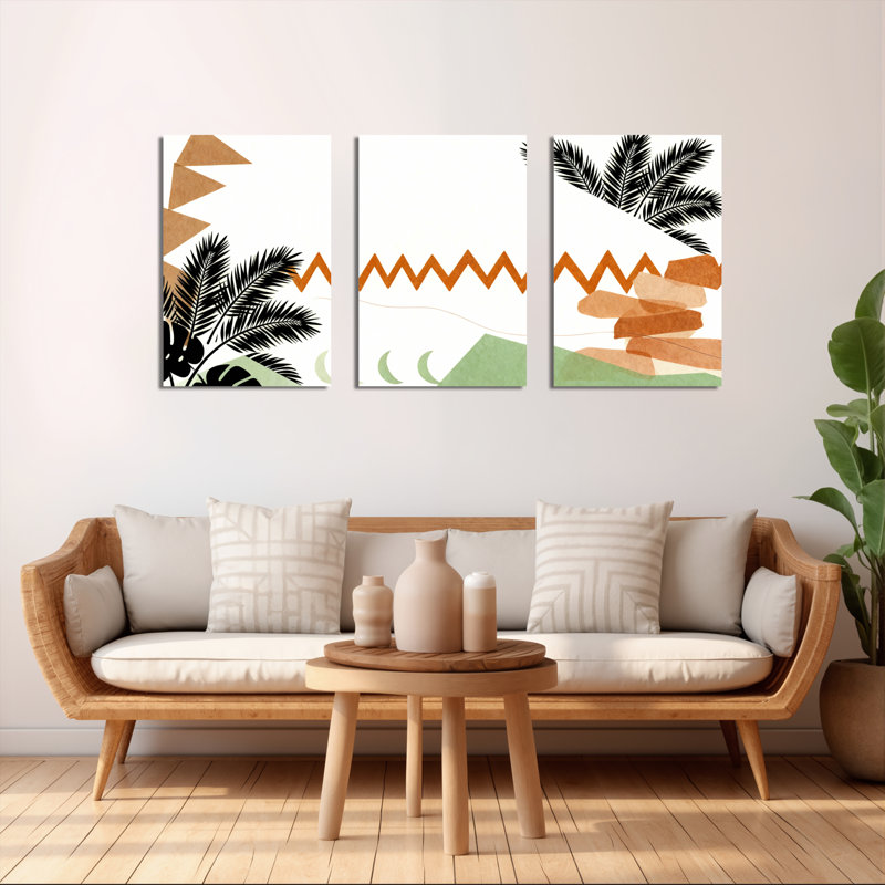 Feuilles de palmier tropicales et formes géométriques, art mural, reproduction abstraite moderne (ensemble de 3)