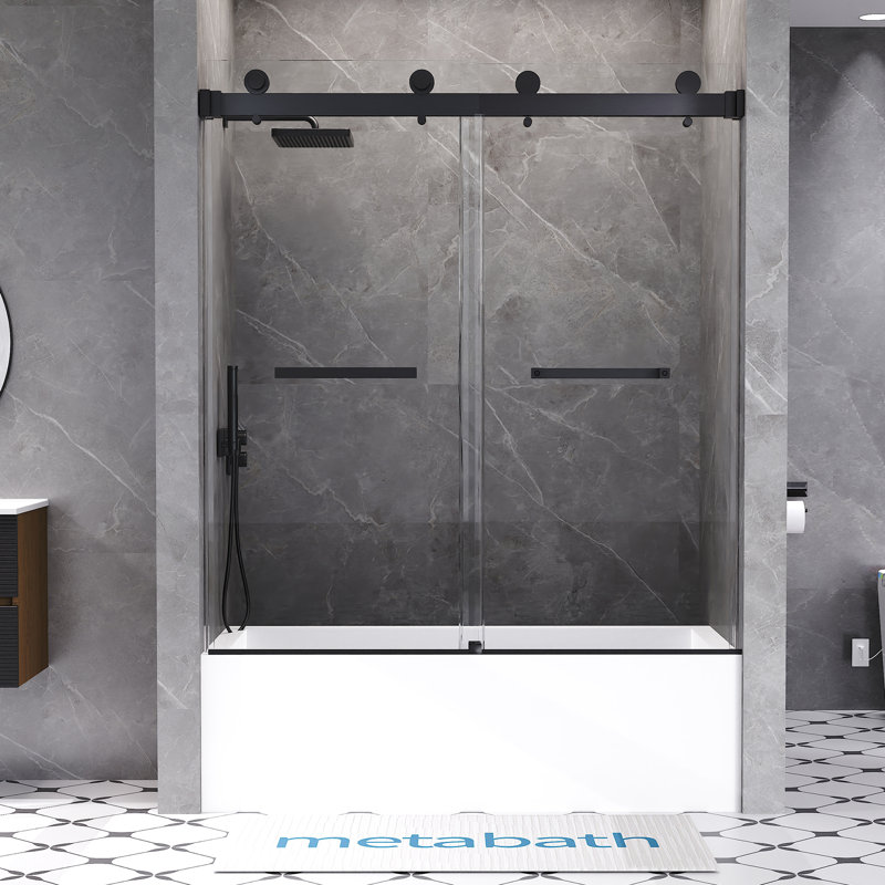 56"-60" W X 66" H Double Sliding Frameless Tub Door with 3/8" (10mm) Tempered Clear Glass, Black