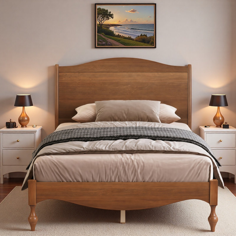 Lit plateforme avec tête de lit arquée Vintage, Double, Noyer clair