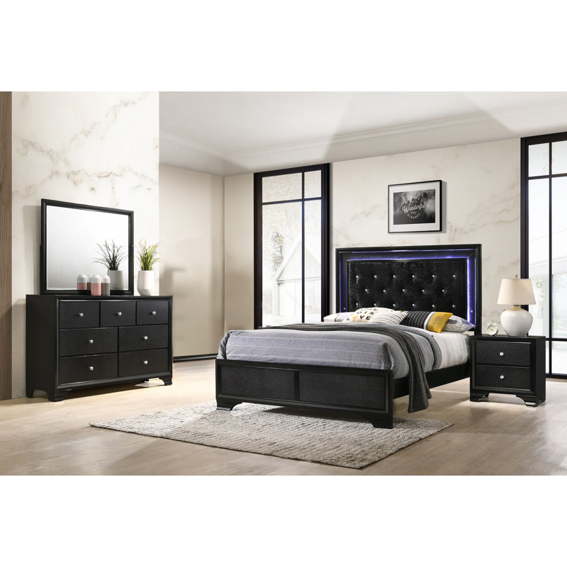 Ensemble de chambre à coucher à panneau tapissier Rodna 5-1_LED, Grand, 5 pièces : Lit, 2 tables de chevet, commode, miro