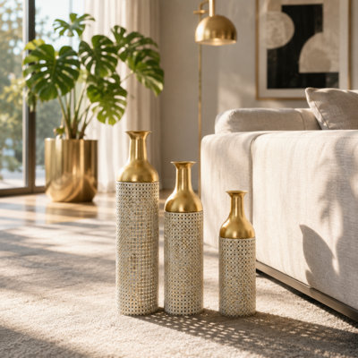 Ensemble de 3 vases gigognes en métal, vases décoratifs blanc antique et or pour salon et entrée