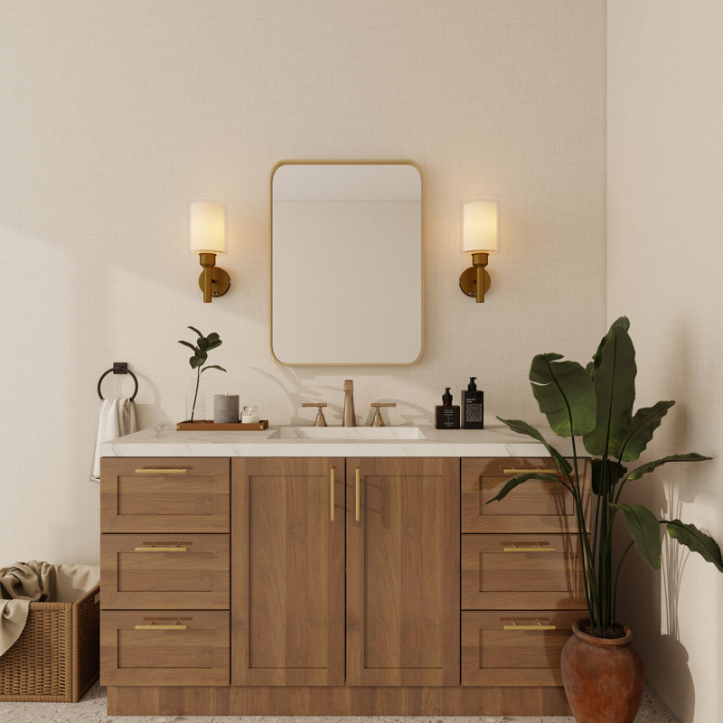 Élégant miroir encadré en aluminium avec coin arrondi pour une décoration intérieure élégante, Or brossé, Rectangulaire