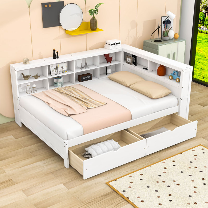 Lit de jour en bois 2 tiroirs avec tablettes et station de charge, White
