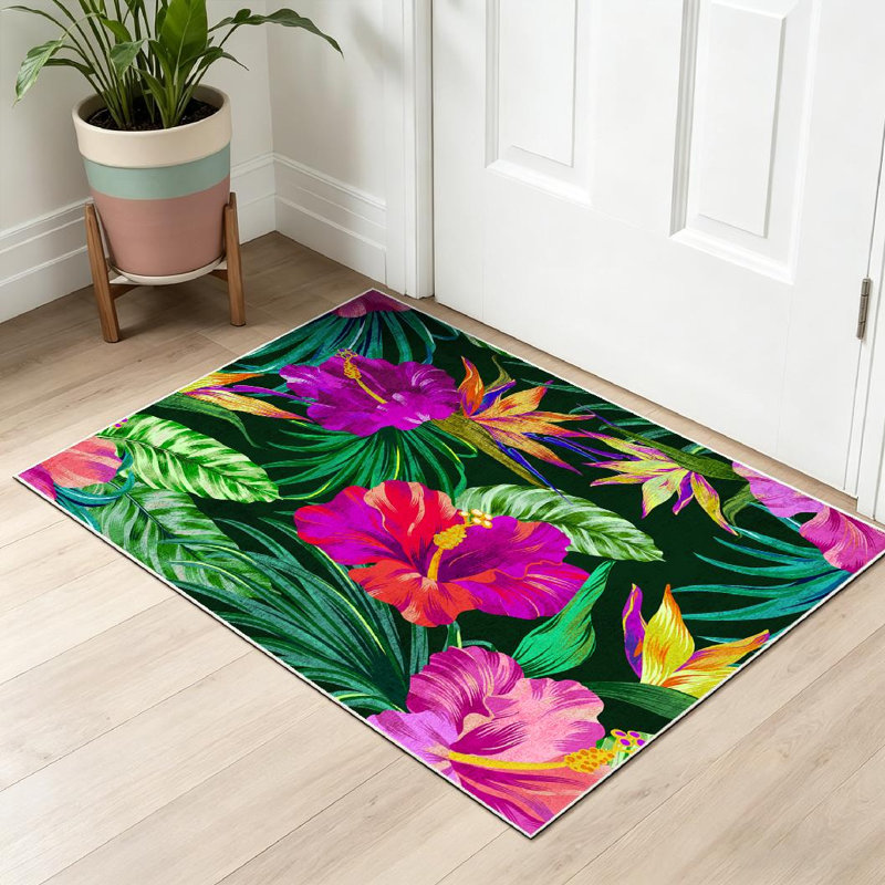 Pink Amazing Tropical Flowers Botanical Hibiscus Palm Bird Paradise File Machine Washable Indoor Area Rug