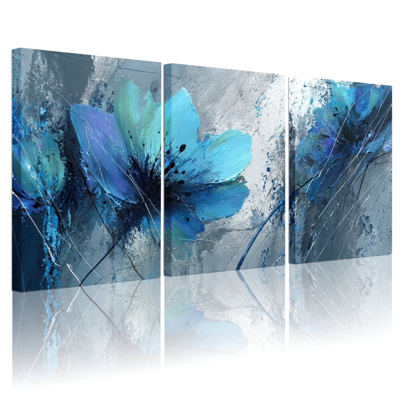 Ensemble de 3 tableaux abstraits floraux bleus sur toile tendue, H 30 po x l 60 po