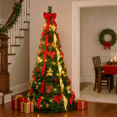 7.5Ft Prelit Pop Up Christmas Tree Decoration, Collapsible Artificial Xmas Tree with 150 Warm Lights