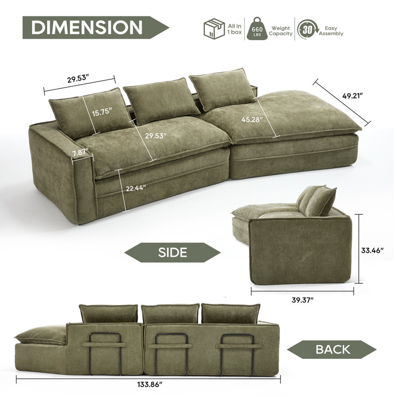 Dayja Curved Upholstered Sectional Sofa with Chaise & Deep Seats, Green Fabric