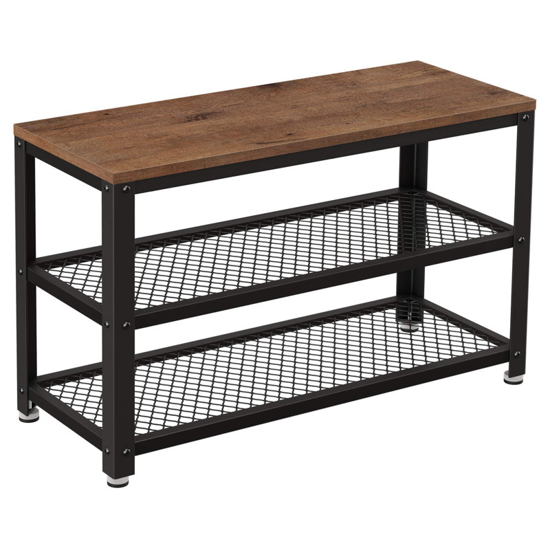 Banc à chaussures à 3 niveaux avec tablettes en filet, Brun et noir