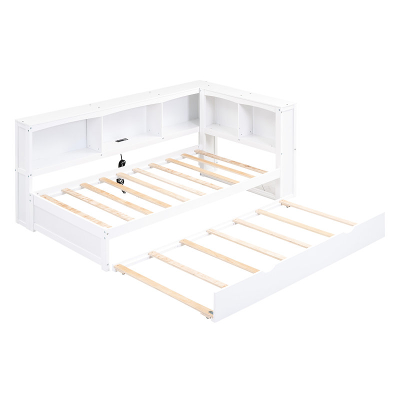 Lit de jour simple blanc avec lit gigogne, rangement et structure en bois massif et lit gigogne, Blanc