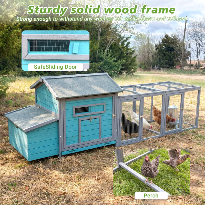 Poulailler 114 po en bois avec enclos extérieur, poulailler résistant aux intempéries avec nichoir, portes verrouillables et rampe, grande cage à volaille de 19,6 pi² pour 2 ou 3 poules