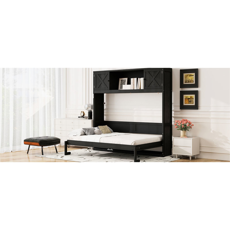 Full Size Black Bed, 3 Storage Cabinets And X-Shaped Trim, Solid Wood Bed Structure, Space - Saving For Small Bedrooms Featuring Privacy Spaces, Pine , Rustic Style Homes
