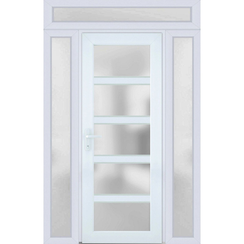 Porte d'entrée extérieure prémontée en PVC-U, verre dépoli, Manux 8002 Blanc Soie, 2 fenêtres latérales et supérieures, portes extérieures pour bureaux, commerces et habitations, entrée, patio, garage - L 14+36+14 x H 80+14 - Ouverture à droite vers l'intérieur