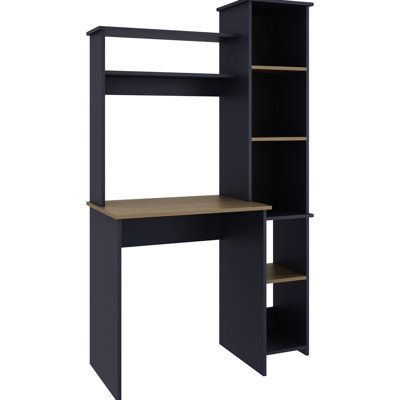 Bureau bleu marine avec deux tablettes et une bibliothèque latérale pour le rangement des dossiers dans un ordinateur moderne, cinq grandes tablettes ouvertes de style