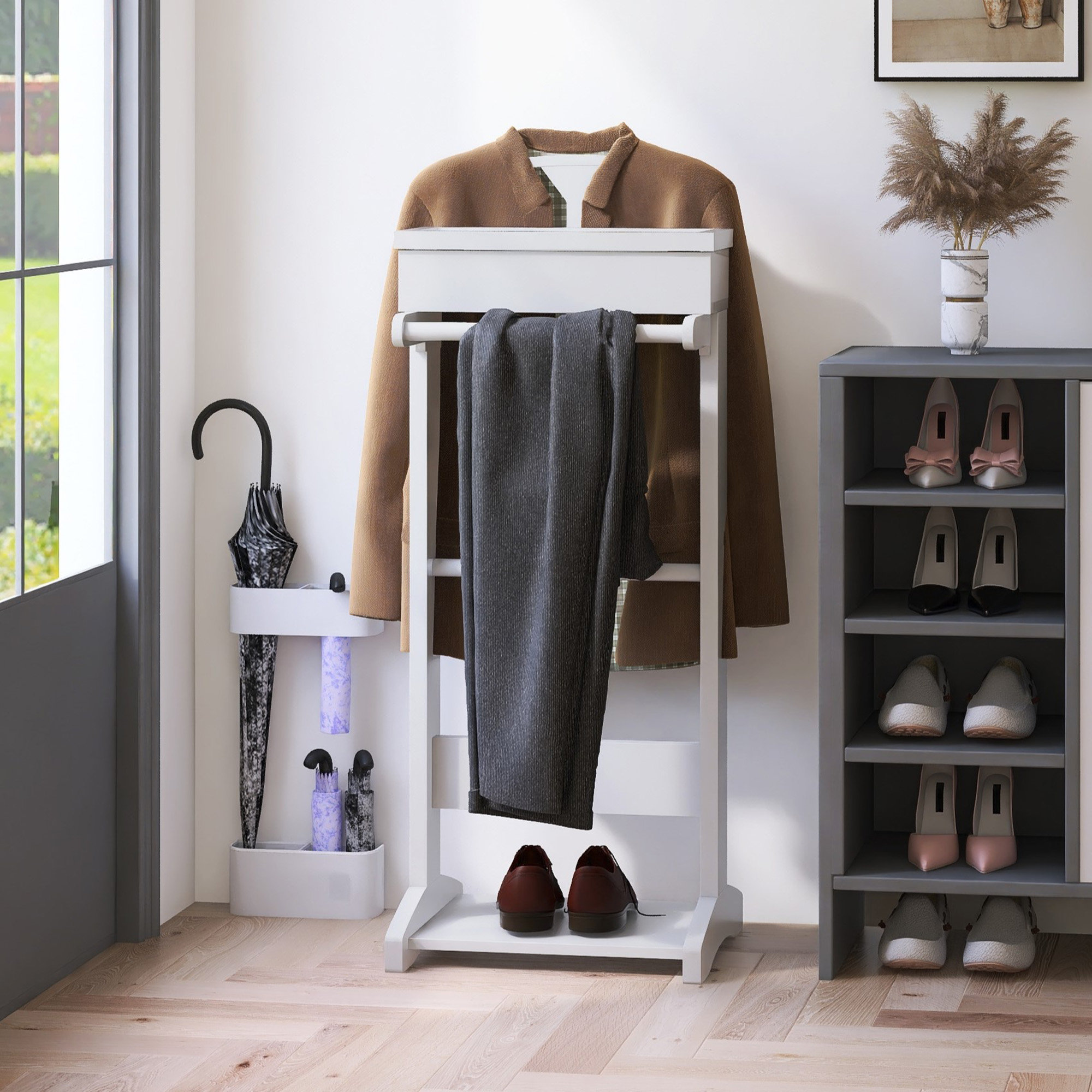 Lark Manor White Portable Garment Rack Clothes Valet Stand With Storage 