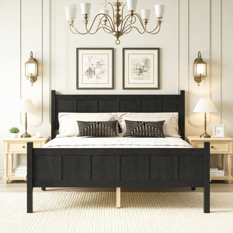 Lit plateforme moderne Farmhouse Style Design, Noir, Grand lit