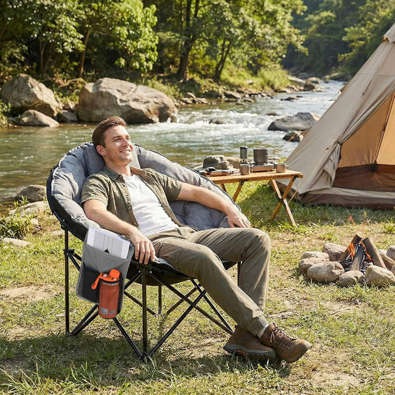 Jm-hkc-1016xl Quilted Moon Folding Camping Chair – Black, Grey