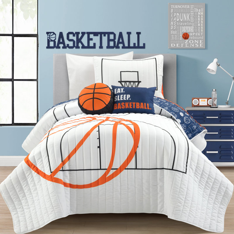 White and Navy Microfiber Reversible Twin Basketball Quilt Set