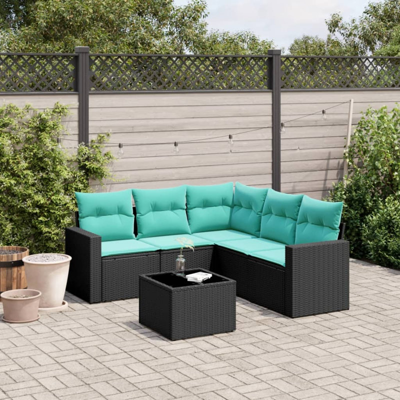 Ensemble de canapé de patio 6 pièces avec coussins en rotin de polyester, Bleu clair, Noir